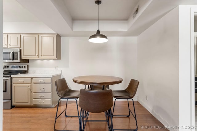 kitchen with light wood-style flooring, pendant lighting, stainless steel appliances, and baseboards