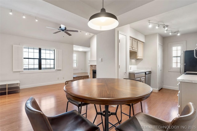 dining space with a tiled fireplace, plenty of natural light, light wood-style flooring, and baseboards