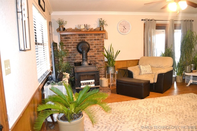 living area featuring a wood stove, a healthy amount of sunlight, and crown molding