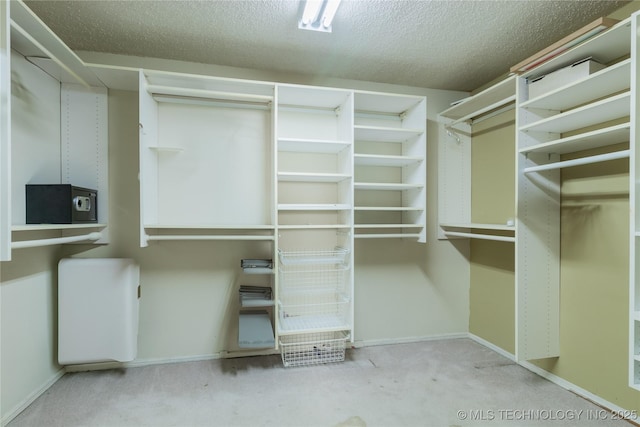 walk in closet featuring light carpet