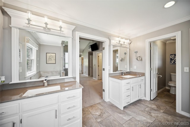 bathroom with toilet, crown molding, and vanity