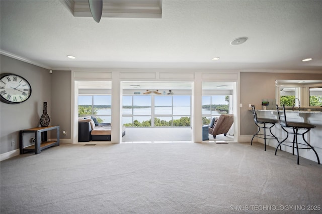 interior space featuring carpet floors, plenty of natural light, and crown molding