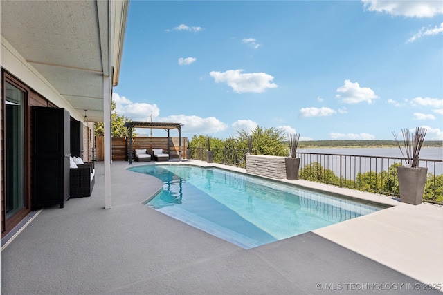 view of pool with a fenced backyard, a water view, a fenced in pool, a pergola, and a patio area