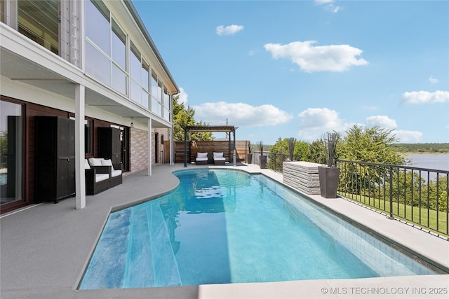 view of pool featuring a water view, a pergola, and a fenced in pool