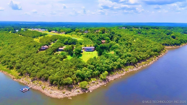 birds eye view of property with a water view and a view of trees