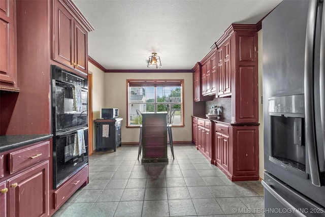 kitchen with reddish brown cabinets, dobule oven black, decorative backsplash, stainless steel fridge with ice dispenser, and crown molding