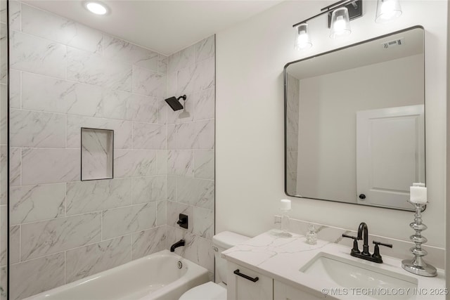 full bathroom with toilet, shower / washtub combination, vanity, and visible vents