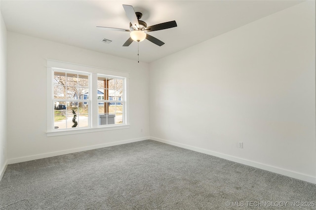 empty room featuring baseboards, visible vents, ceiling fan, and carpet flooring