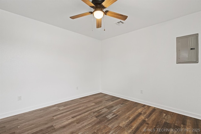 spare room featuring electric panel, visible vents, baseboards, and dark wood-style flooring