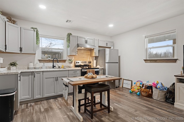 kitchen with visible vents, stainless steel appliances, gray cabinetry, under cabinet range hood, and a sink