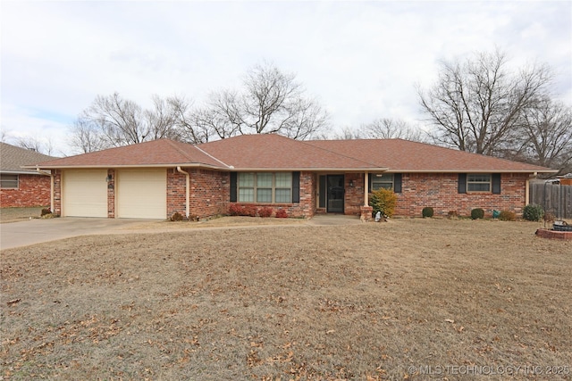 ranch-style home featuring a garage, driveway, brick siding, and a shingled roof