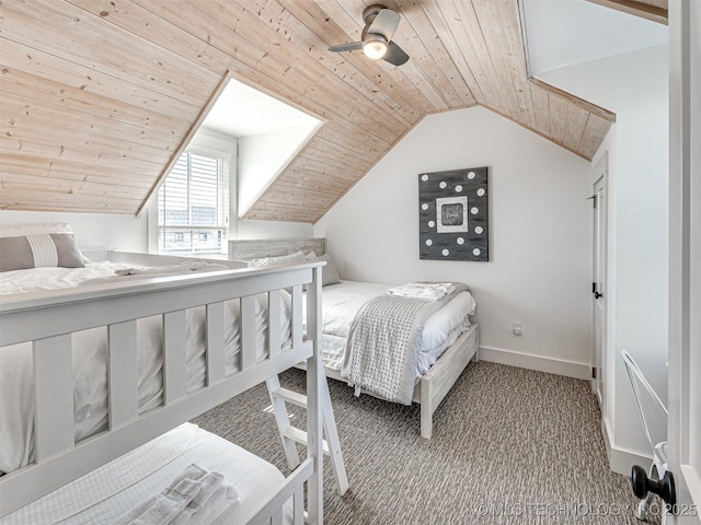 bedroom featuring baseboards, lofted ceiling, wood ceiling, ceiling fan, and carpet floors