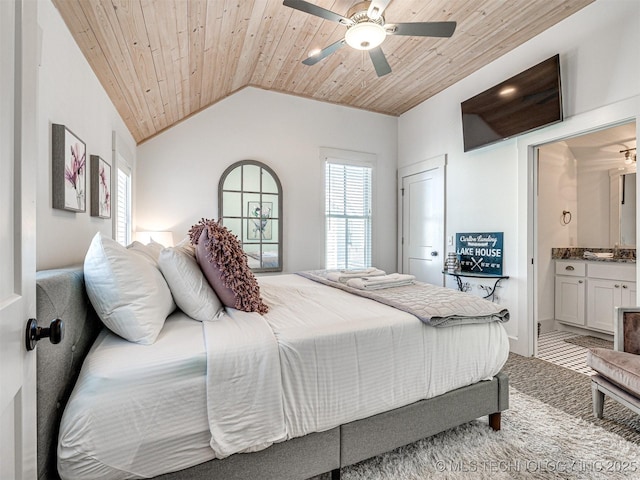 bedroom featuring lofted ceiling, wood ceiling, multiple windows, and connected bathroom