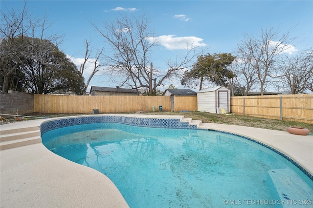 view of pool with a storage shed, an outbuilding, a fenced backyard, and a fenced in pool