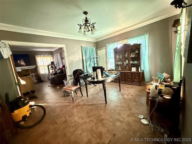 office featuring ornamental molding and a chandelier