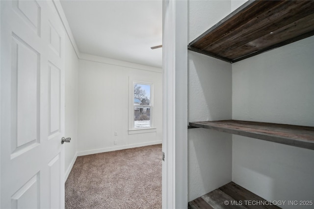 walk in closet with dark colored carpet and built in desk