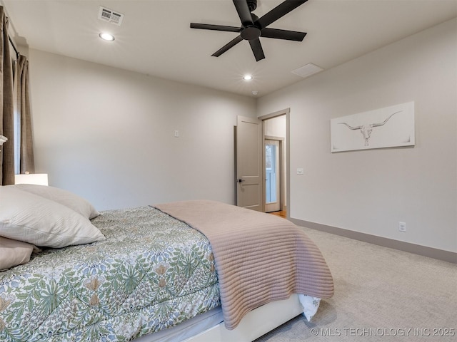 bedroom with baseboards, light colored carpet, visible vents, and recessed lighting