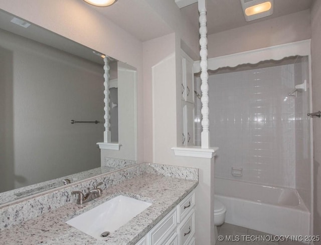 full bath featuring shower / tub combination, vanity, and toilet