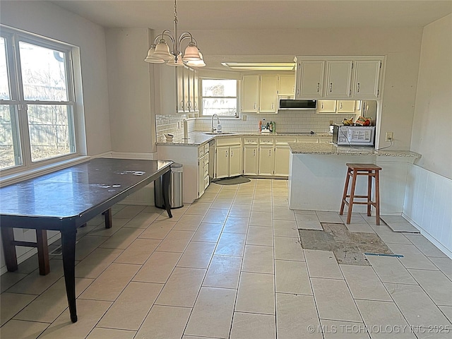 kitchen featuring a peninsula, a sink, white cabinetry, wainscoting, and pendant lighting