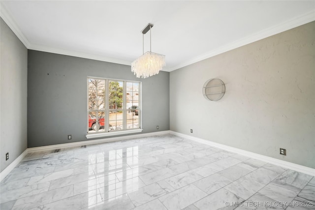 unfurnished room featuring marble finish floor, baseboards, a chandelier, and ornamental molding