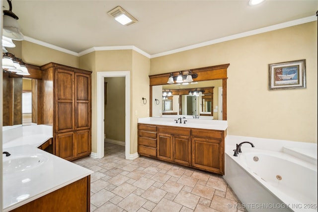 bathroom featuring a jetted tub, two vanities, a sink, and crown molding