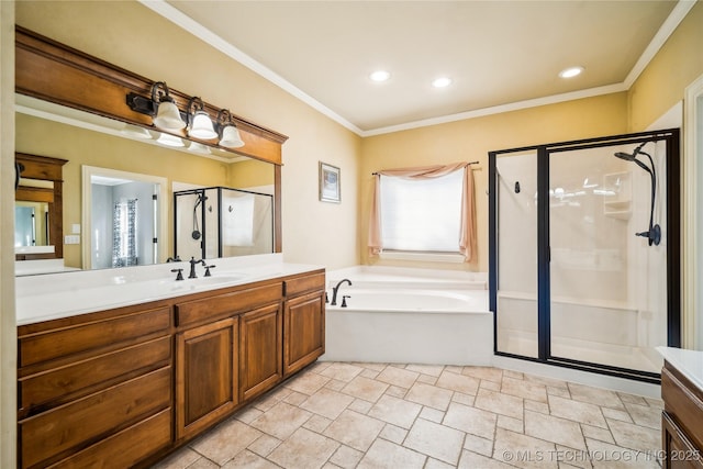 bathroom with crown molding, recessed lighting, vanity, a shower stall, and a bath