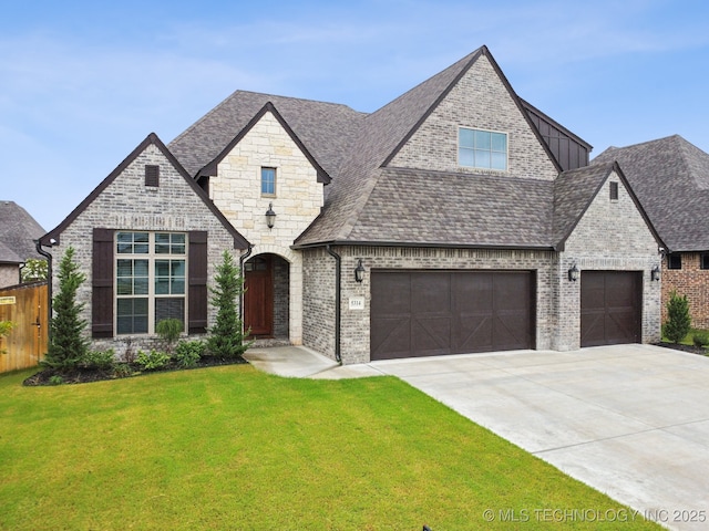 french country style house with brick siding, fence, concrete driveway, roof with shingles, and a front yard