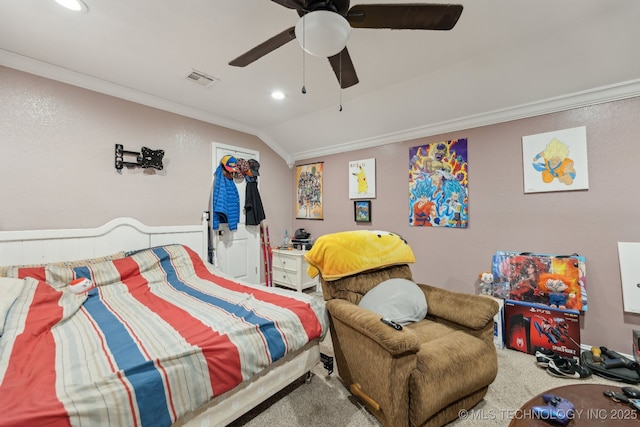 bedroom featuring carpet, recessed lighting, ornamental molding, vaulted ceiling, and ceiling fan