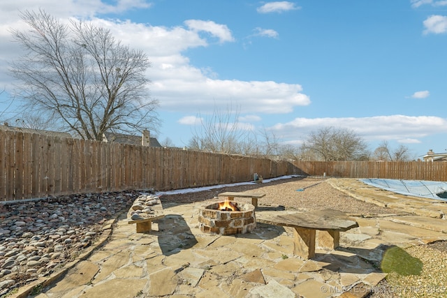 view of patio featuring an outdoor fire pit and a fenced backyard