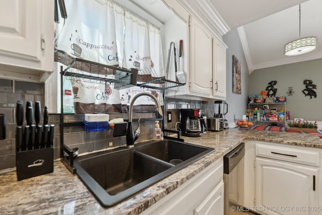 kitchen with decorative backsplash, dishwasher, white cabinets, ornamental molding, and a sink