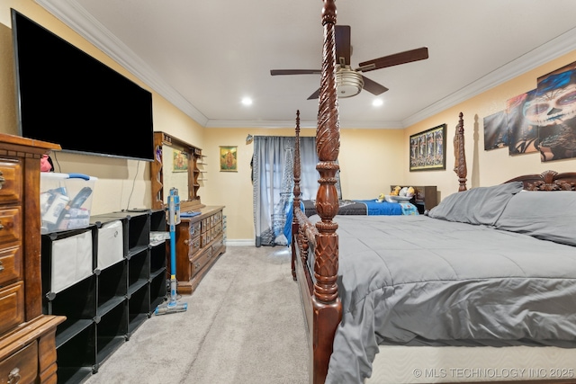 bedroom with light carpet, baseboards, ceiling fan, crown molding, and recessed lighting