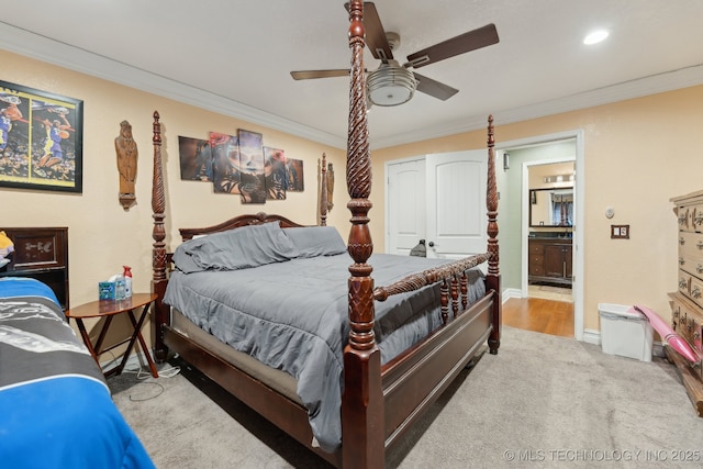 carpeted bedroom with baseboards, recessed lighting, a ceiling fan, and crown molding