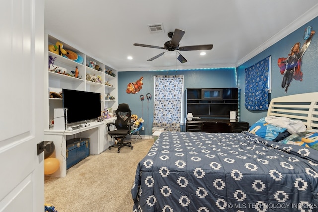 carpeted bedroom featuring ceiling fan, recessed lighting, visible vents, and crown molding