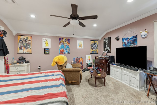 carpeted bedroom featuring ornamental molding, visible vents, and recessed lighting