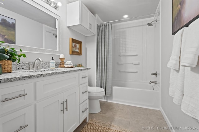 bathroom with toilet, shower / tub combo, vanity, tile patterned flooring, and baseboards