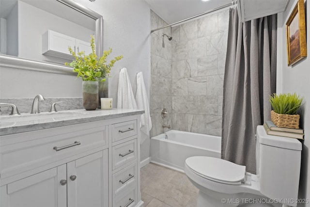 full bath with shower / bath combination with curtain, vanity, toilet, and tile patterned floors