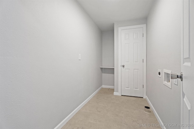 clothes washing area with washer hookup, light colored carpet, hookup for an electric dryer, laundry area, and baseboards