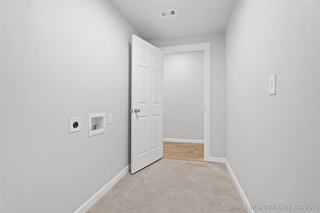 laundry area featuring laundry area, visible vents, baseboards, washer hookup, and electric dryer hookup