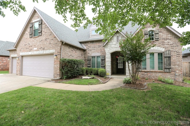 view of front of property featuring brick siding, a shingled roof, concrete driveway, a front yard, and a garage