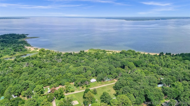 birds eye view of property featuring a water view and a wooded view