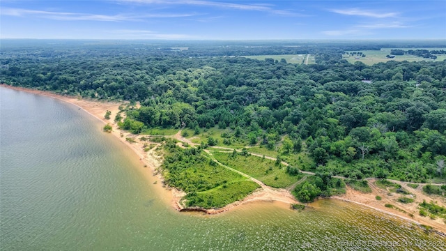 drone / aerial view with a water view and a view of trees