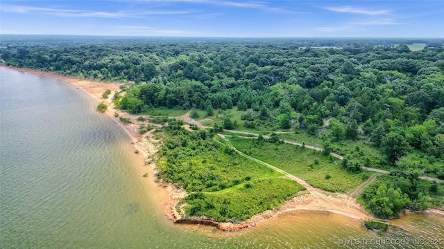 drone / aerial view with a forest view and a water view