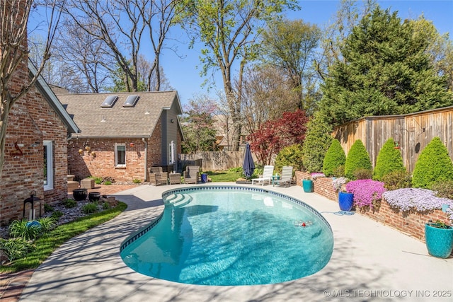 view of pool featuring a fenced in pool, a fenced backyard, and a patio