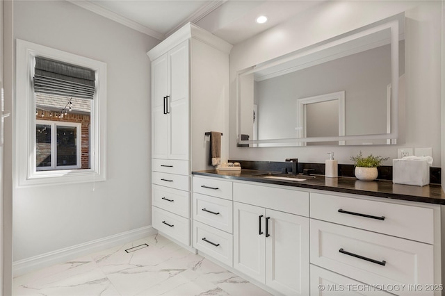 bathroom with marble finish floor, recessed lighting, ornamental molding, vanity, and baseboards