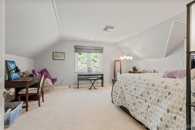 carpeted bedroom featuring baseboards, visible vents, vaulted ceiling, and a chandelier