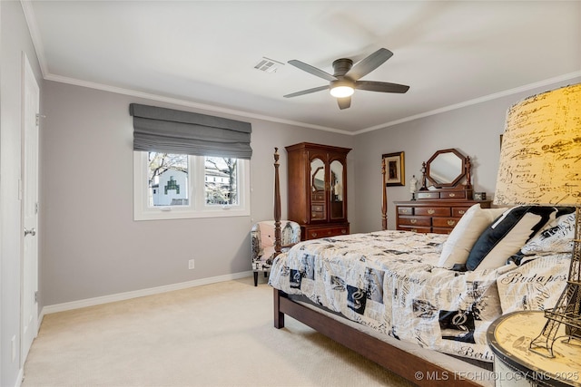 bedroom with ceiling fan, light colored carpet, visible vents, baseboards, and ornamental molding