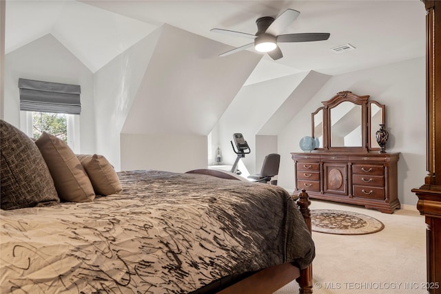 bedroom with lofted ceiling, a ceiling fan, visible vents, and light colored carpet