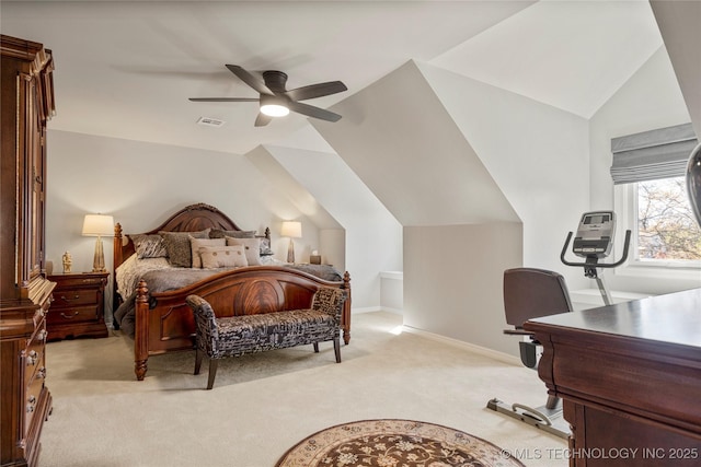 bedroom featuring baseboards, visible vents, light colored carpet, ceiling fan, and vaulted ceiling