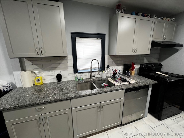 kitchen featuring black electric range oven, backsplash, a sink, dishwasher, and under cabinet range hood