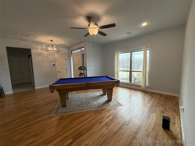 1825 E 45th Pl, Sand Springs, OK 74063 - rec room with visible vents, baseboards, wood finished floors, ceiling fan with notable chandelier, and pool table